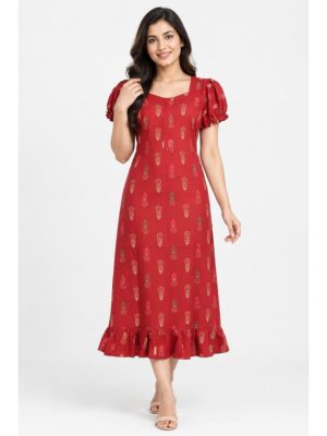 Women's Cotton Zip Frock Nighty - Red