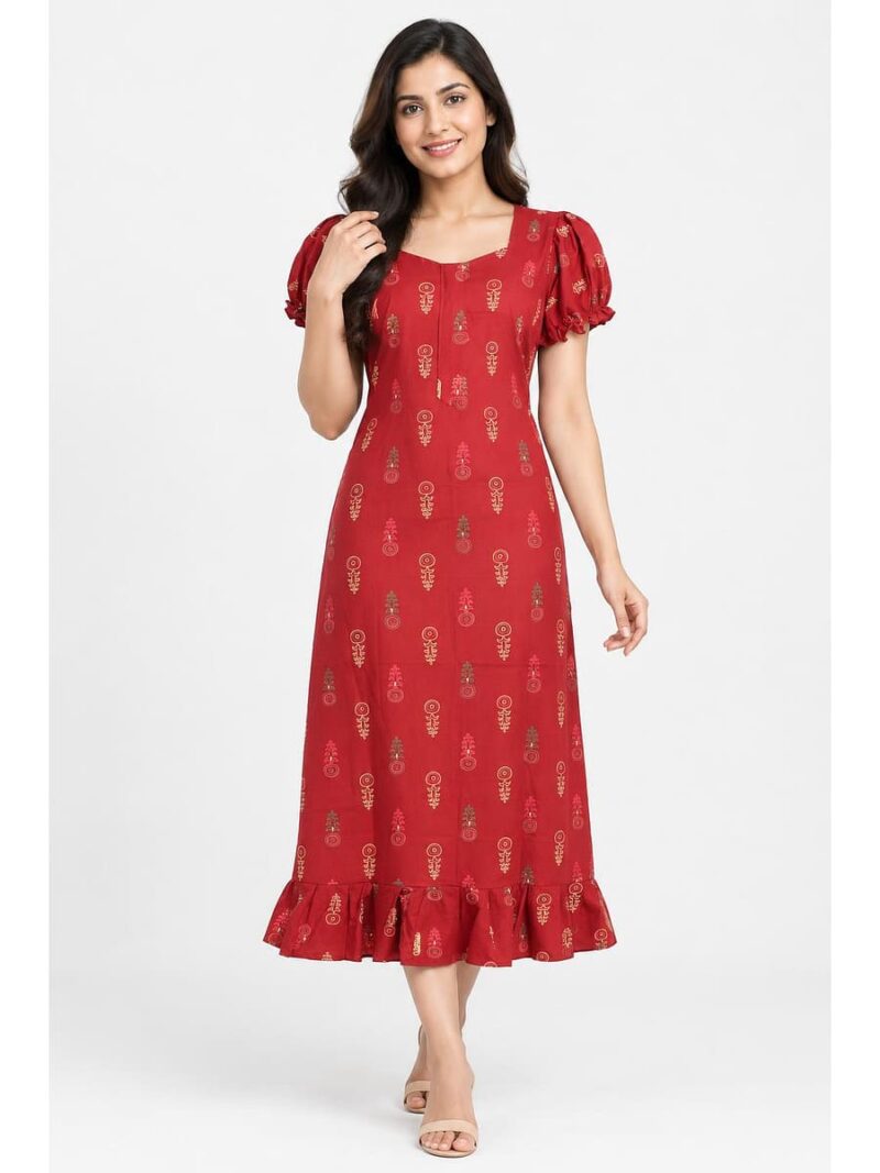 W-NY-602-16-RD-M_front Women's Cotton Zip Frock Nighty - Red