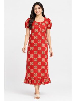 Women's Cotton Zip Frock Nighty - Red