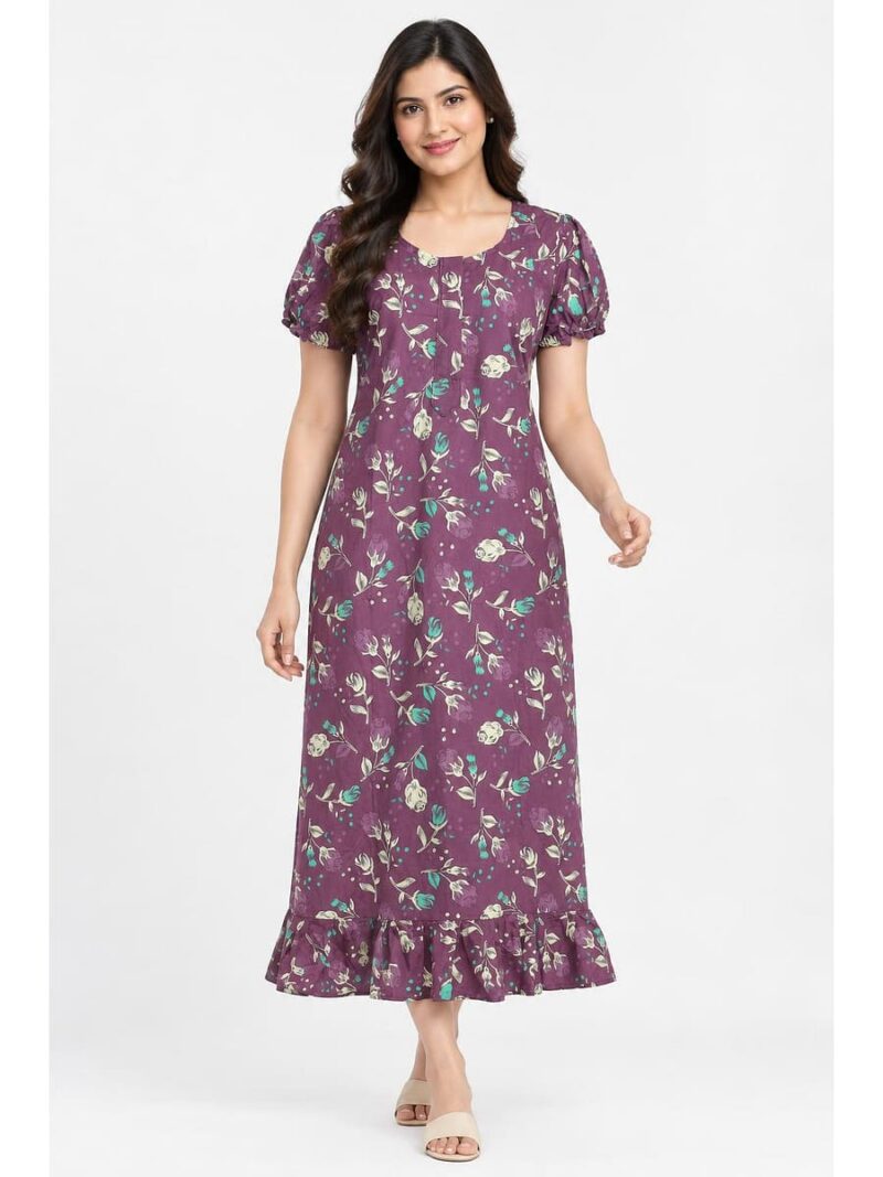 W-NY-602-23-PL-M_front Women's Cotton Zip Frock Nighty - Plum