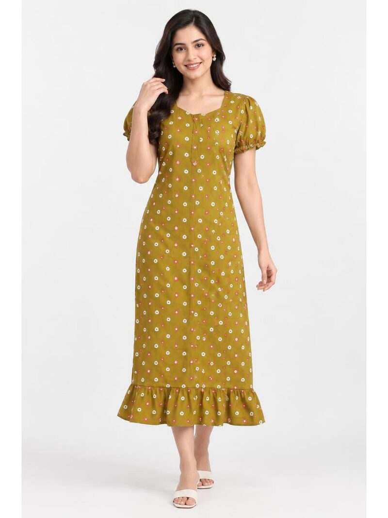 Women's Cotton Zip Frock Nighty - Mustard Yellow