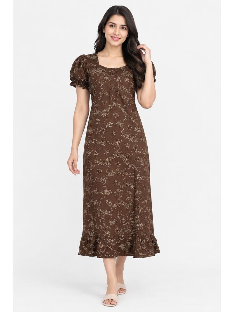 Women's Cotton Zip Frock Nighty -Brown