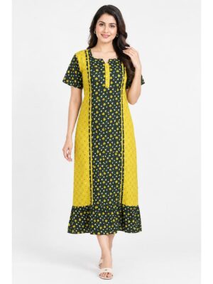 Women's Cotton Frock Nighty – Yellow & Olive Green