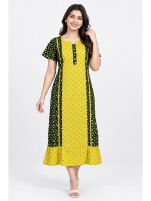Women's Cotton Frock Nighty – Olive Green & Yellow