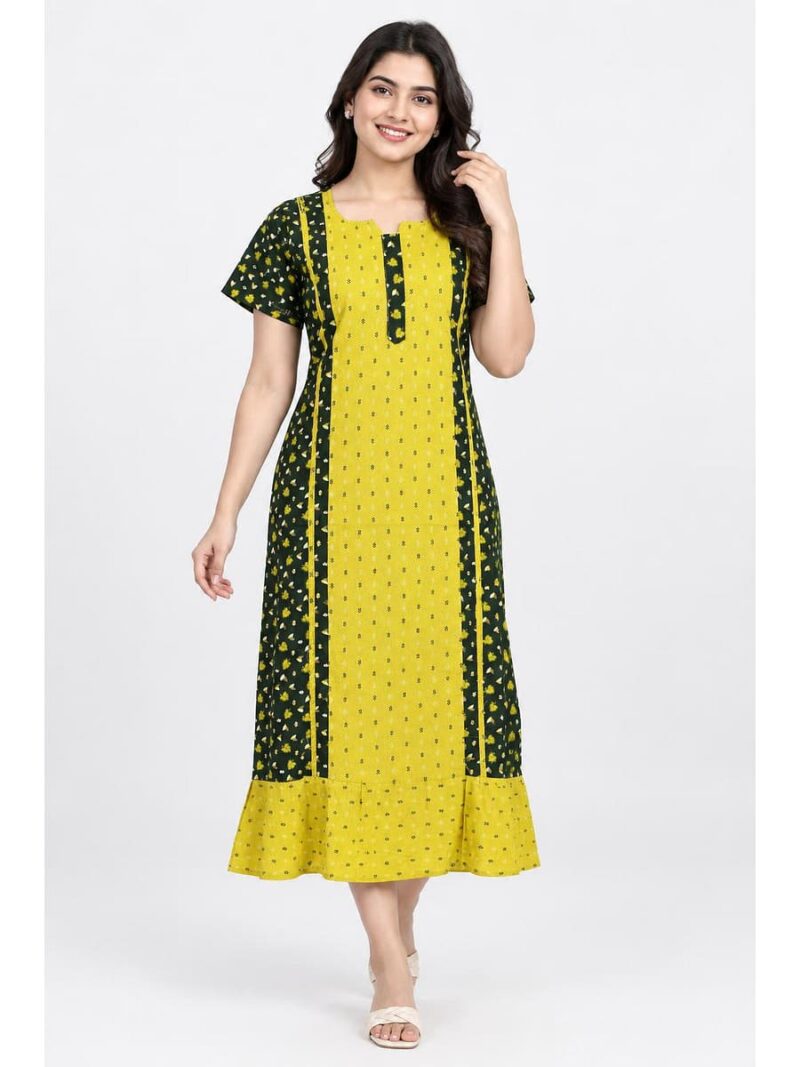 W-NY-603-02-OG-XXL_front Women's Cotton Frock Nighty – Olive Green & Yellow