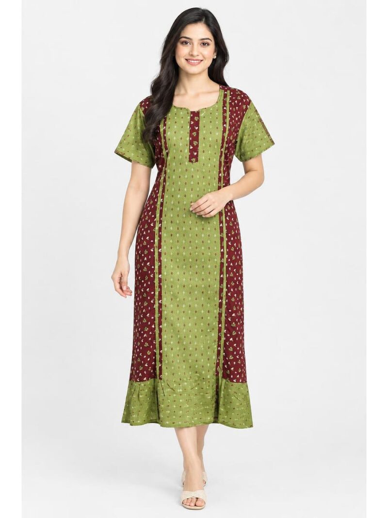 Women's Cotton Frock Nighty – Maroon & Olive Green