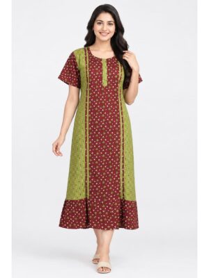 Women's Cotton Frock Nighty – Olive Green & Maroon