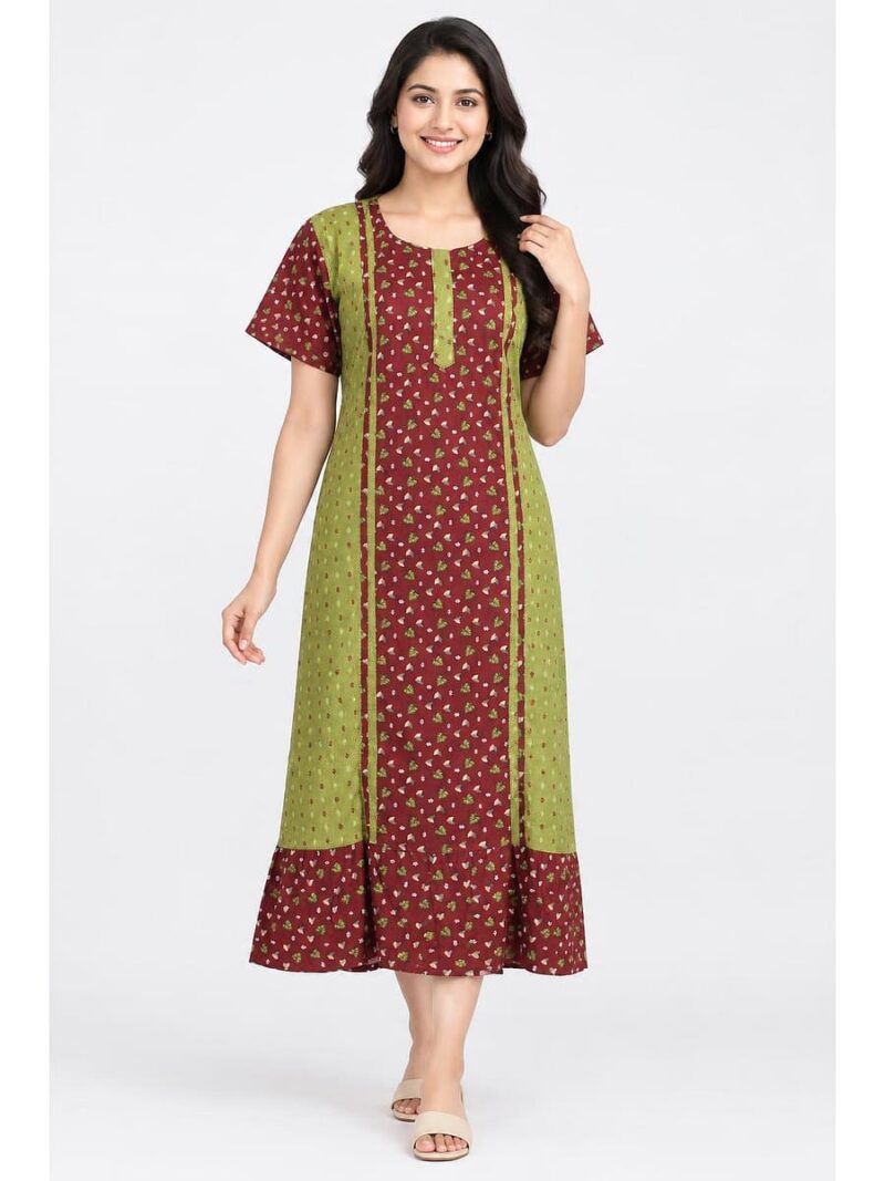 Women's Cotton Frock Nighty – Olive Green & Maroon