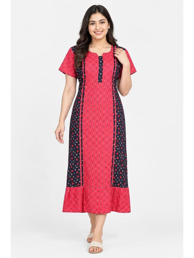 W-NY-603-05-NB-XXL-F Women's Cotton Frock Nighty – Navy Blue & Raspberry