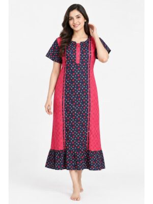 Women's Cotton Frock Nighty – Raspberry & Navy Blue