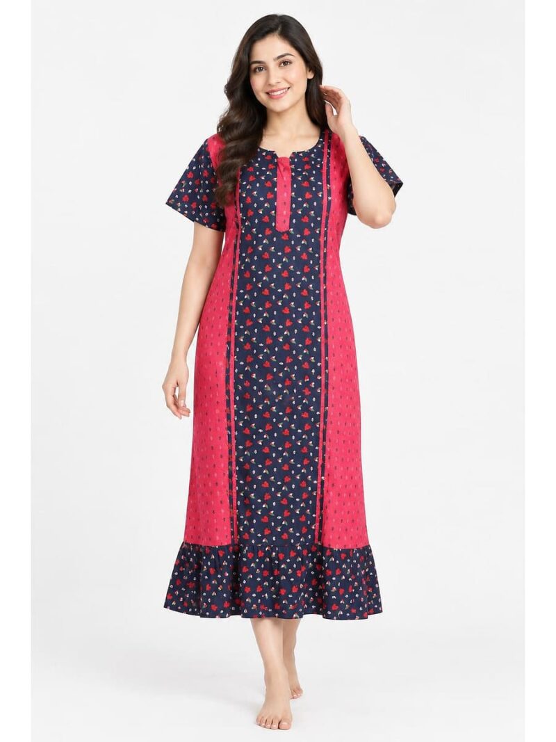 W-NY-603-06-RBY-XXL-F Women's Cotton Frock Nighty – Raspberry & Navy Blue