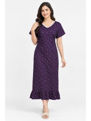 Women's Cotton Printed Frock Nighty – Purple