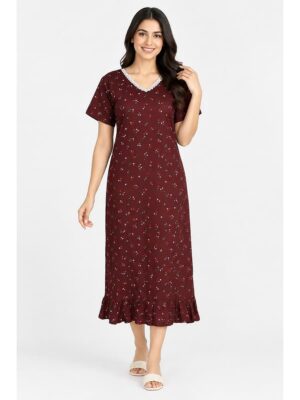 Women's Cotton Printed Frock Nighty - Maroon