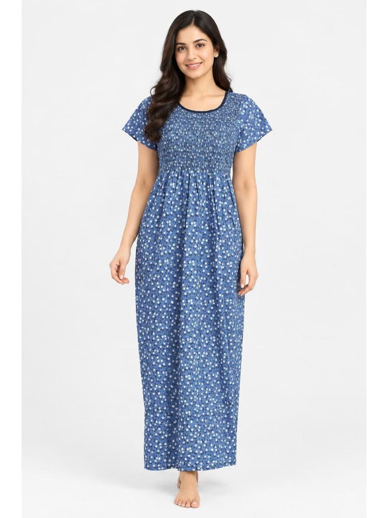 W-NY-605-01-BL-XXL_front Women's Cotton Smocked Nighty – Blue