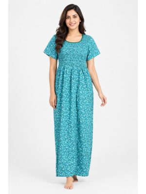 Women's Cotton Smocked Nighty – Turquoise