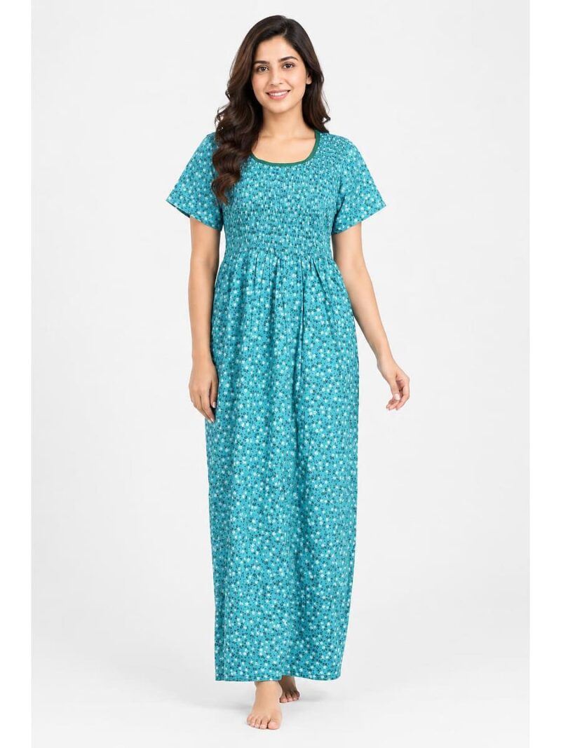Women's Cotton Smocked Nighty – Turquoise