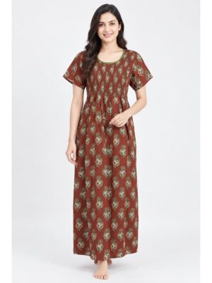 Women's Cotton Smocked Nighty – Brown