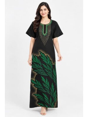 Women's Cotton Printed Nighty – Black & Green