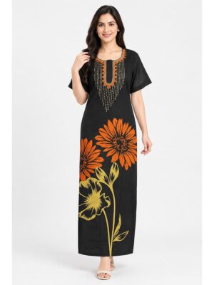 Women's Cotton Printed Nighty – Black & Orange