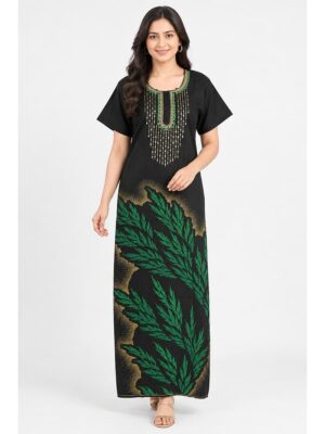 Women's Cotton Printed Nighty – Black & Green