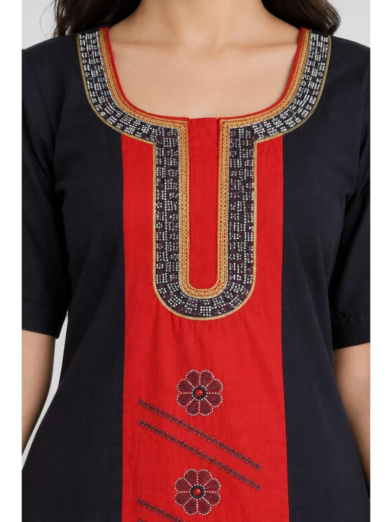Women's Cotton Embroidered Nighty – Navy Blue & Red