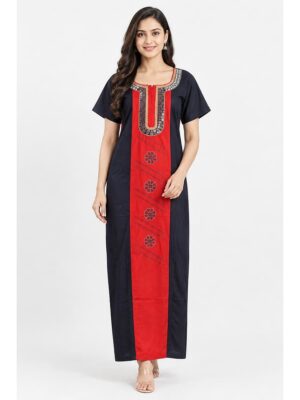 Women's Cotton Embroidered Nighty – Navy Blue & Red