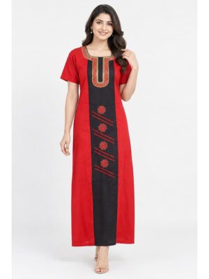Women's Cotton Embroidered Nighty – Red & Navy Blue