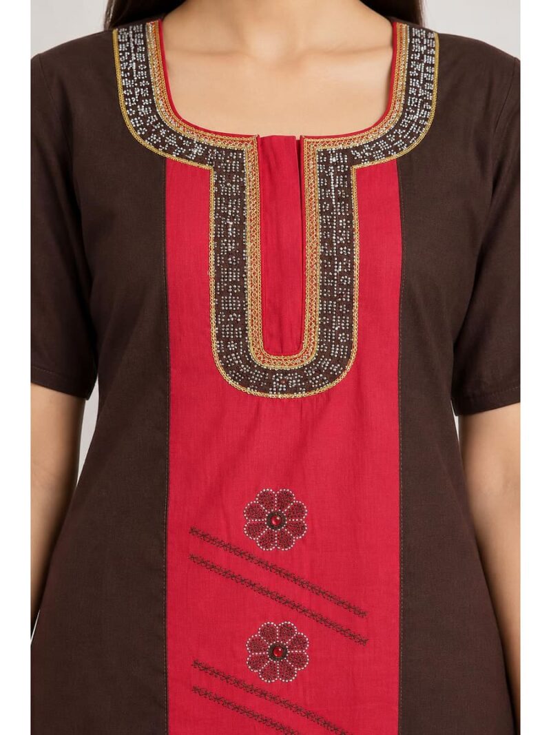 Women's Cotton Embroidered Nighty – Coffee & Red