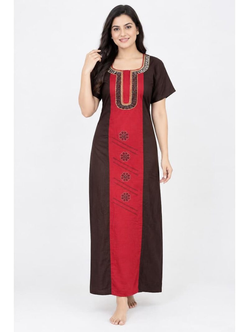 W-NY-607-03-CF-XL_front Women's Cotton Embroidered Nighty – Coffee & Red