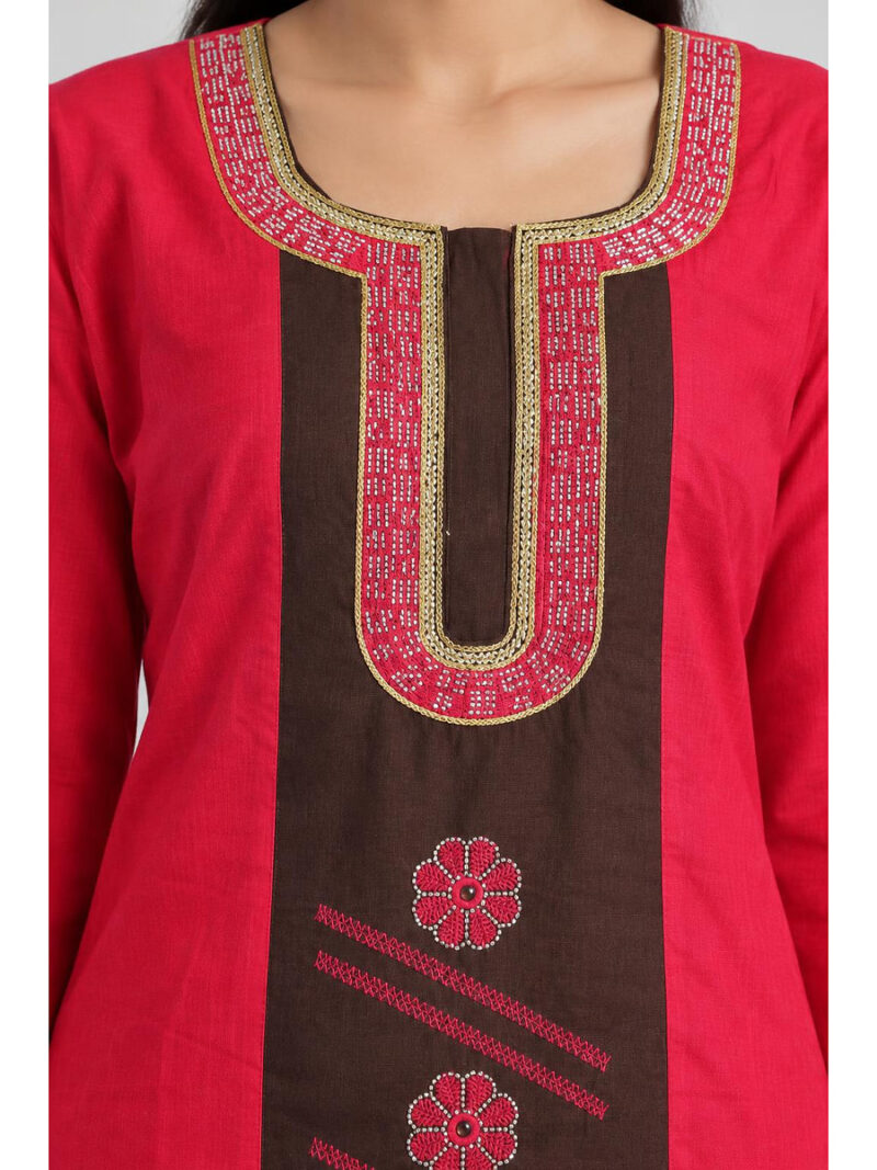 Women's Cotton Embroidered Nighty – Raspberry & Coffee