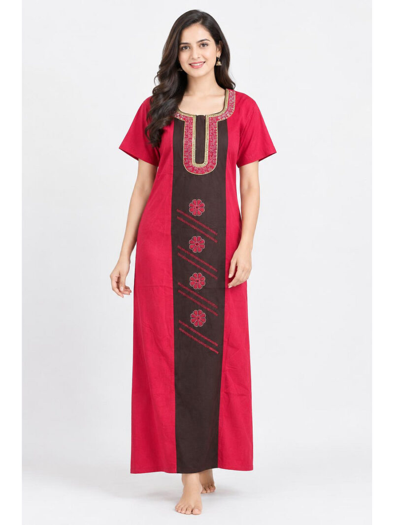 W-NY-607-04-RBY-XfL_front Women's Cotton Embroidered Nighty – Raspberry & Coffee