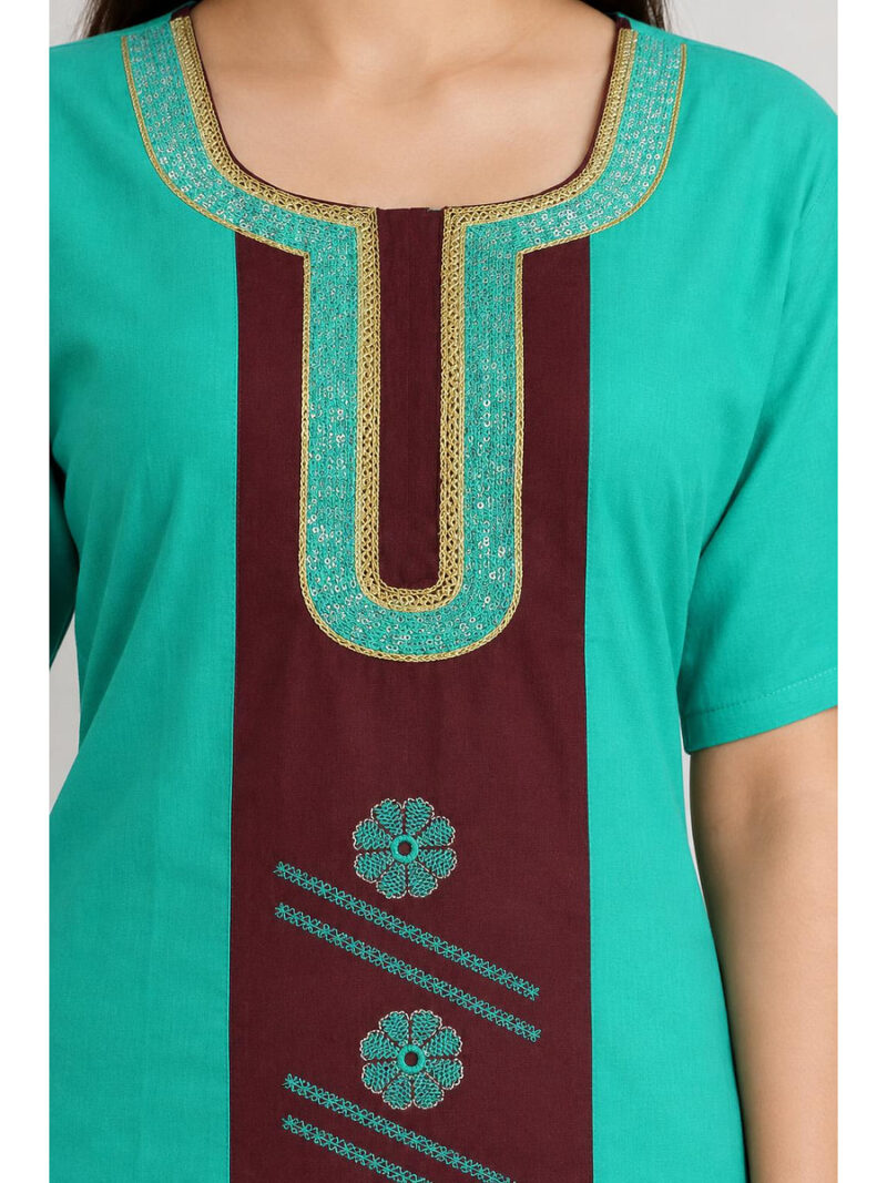 Women's Cotton Embroidered Nighty – Turquoise & Maroon