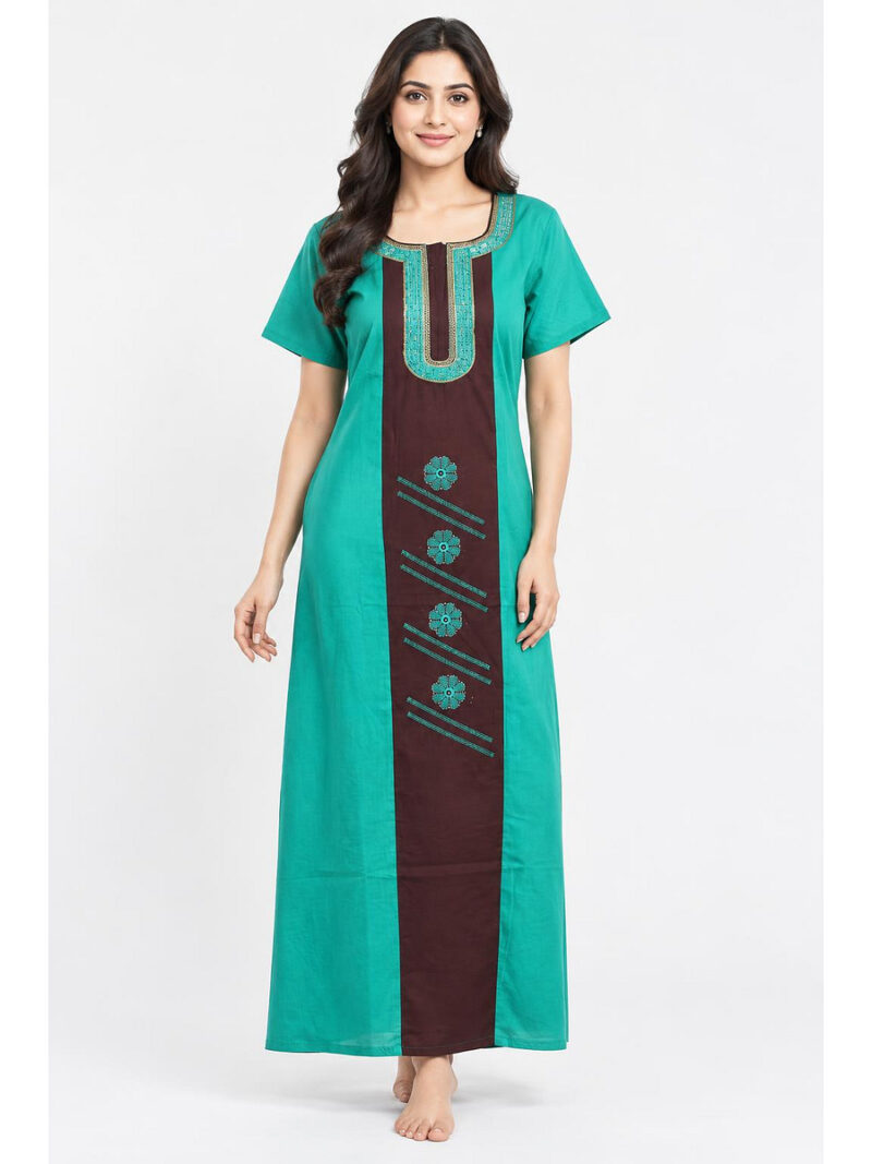 W-NY-607-05-TQ-XL_front Women's Cotton Embroidered Nighty – Turquoise & Maroon