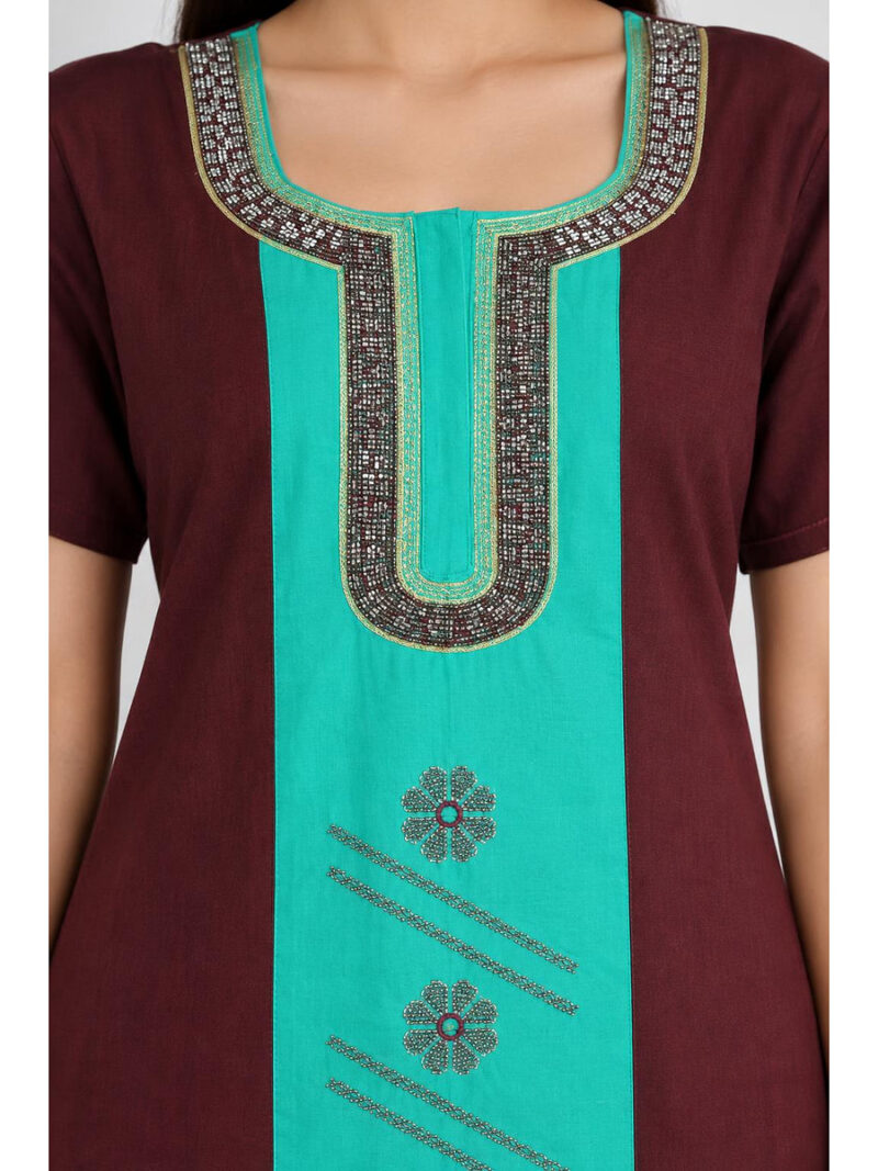 Women's Cotton Embroidered Nighty – Maroon & Turquoise