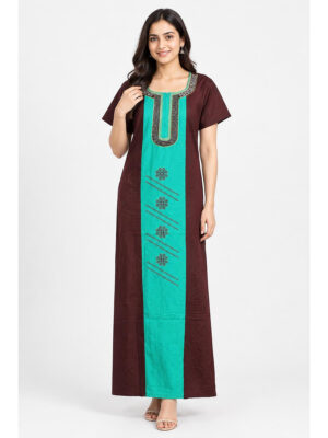 Women's Cotton Embroidered Nighty – Maroon & Turquoise