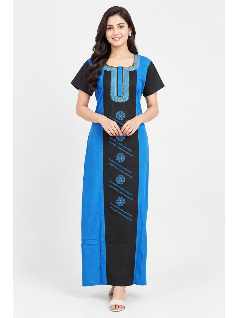 W-NY-607-07-BL-XXL_front Women's Cotton Embroidered Nighty – Blue & Black