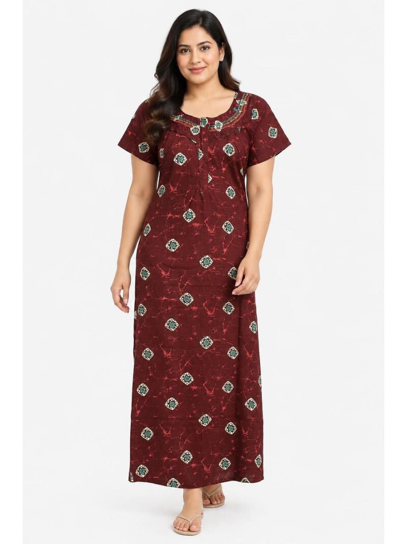 W-NY-608-08-MR-3XL_front Women's Cotton Plus Size Frill Nighty – Maroon