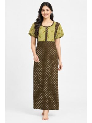 Women's Cotton Printed Nighty – Olive Green