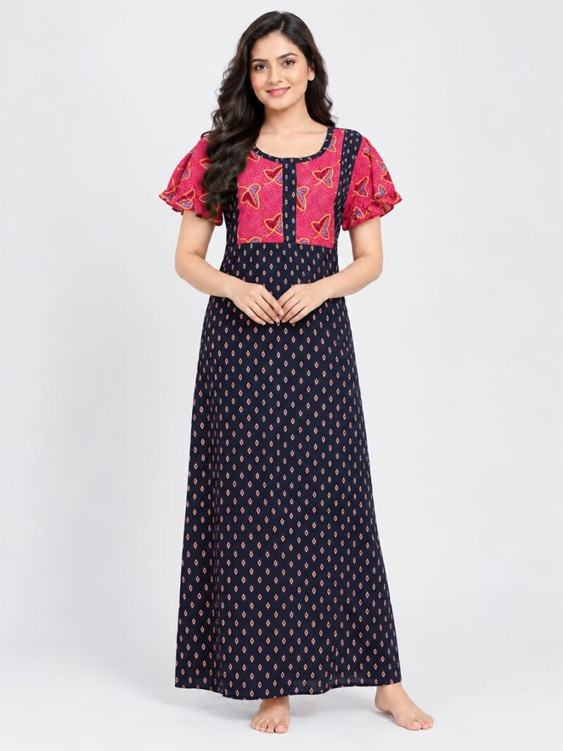 Women's Cotton Printed Nighty – Navy Blue