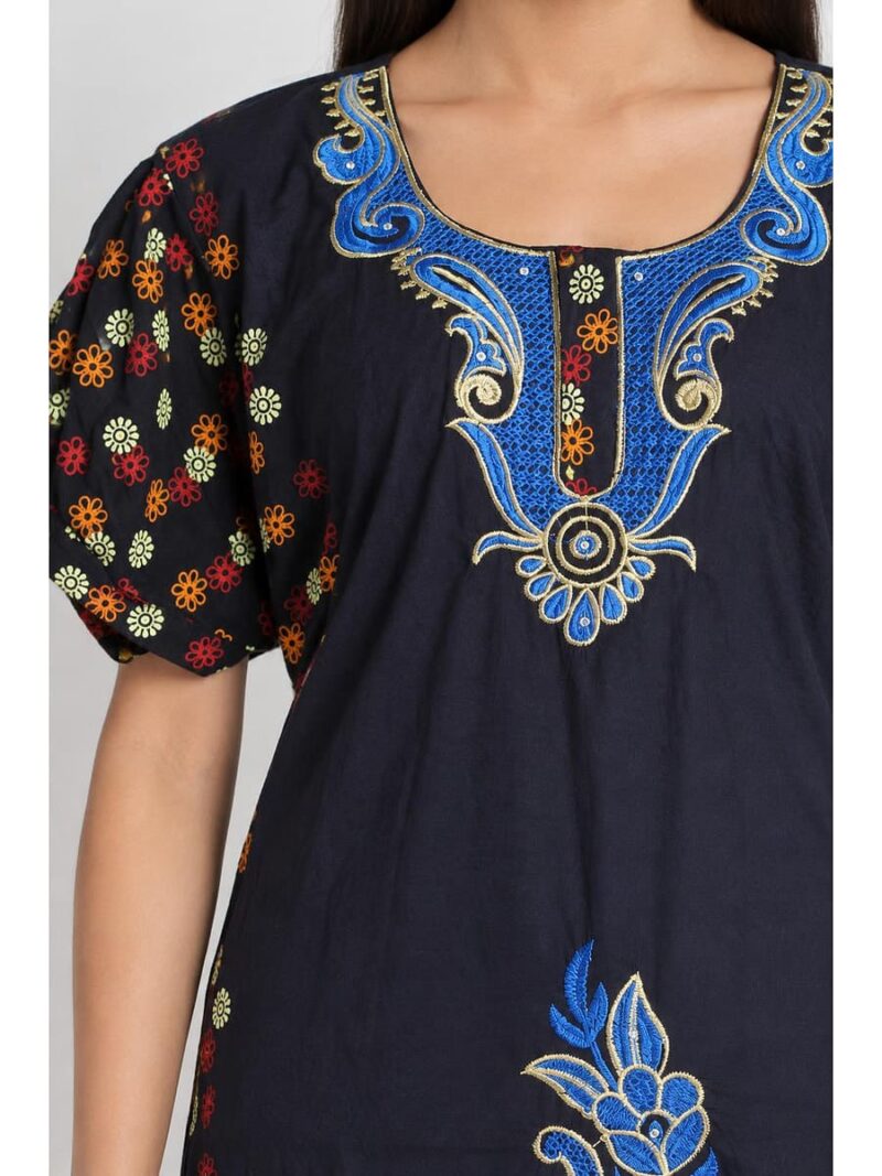Women's Cotton Embroidered Frock Nighty – Navy Blue