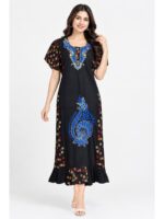Women's Cotton Embroidered Frock Nighty – Navy Blue