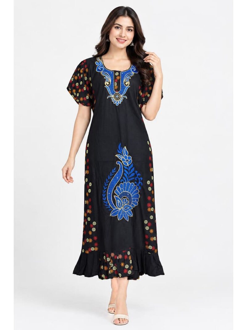 Women's Cotton Embroidered Frock Nighty – Navy Blue