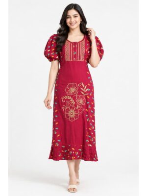 Women's Cotton Embroidered Frock Nighty – Raspberry