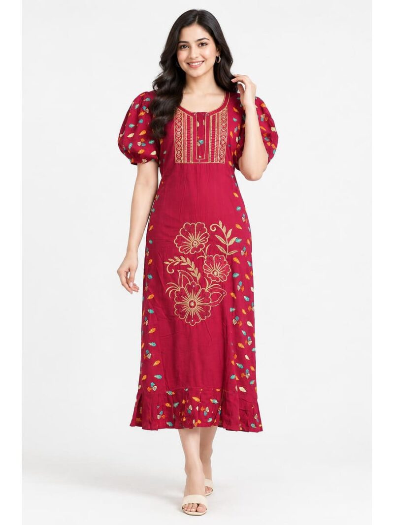Women's Cotton Embroidered Frock Nighty – Raspberry