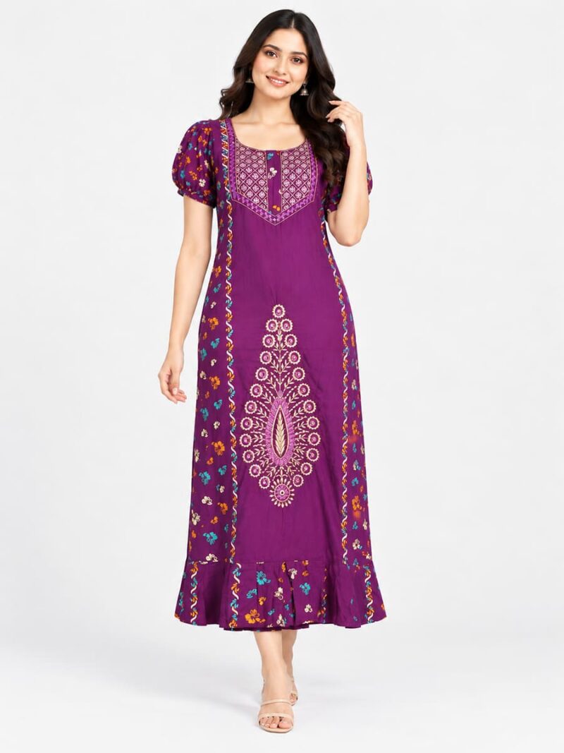 W-NY-618-05-PP-XXL_front Women's Cotton Embroidered Frock Nighty – Purple
