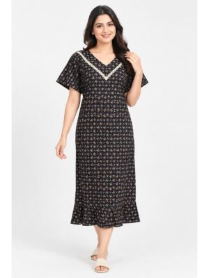 Women's Cotton Printed Frock Nighty – Navy Blue