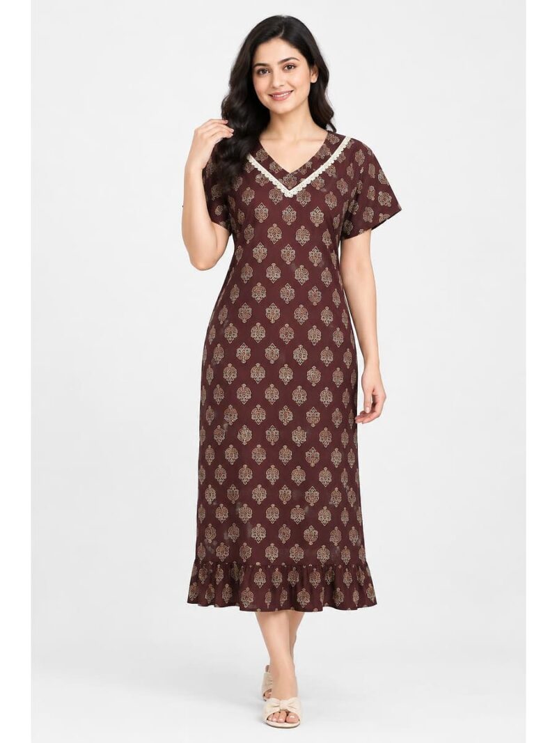W-NY-619-03-MR-XXL_front Women's Cotton Printed Frock Nighty – Maroon