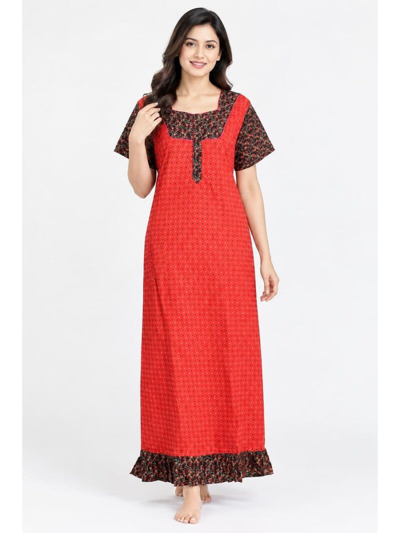 W-NY-622-01-RD-XL-f_front Women's Cotton Full-Length Frock Nighty - Red