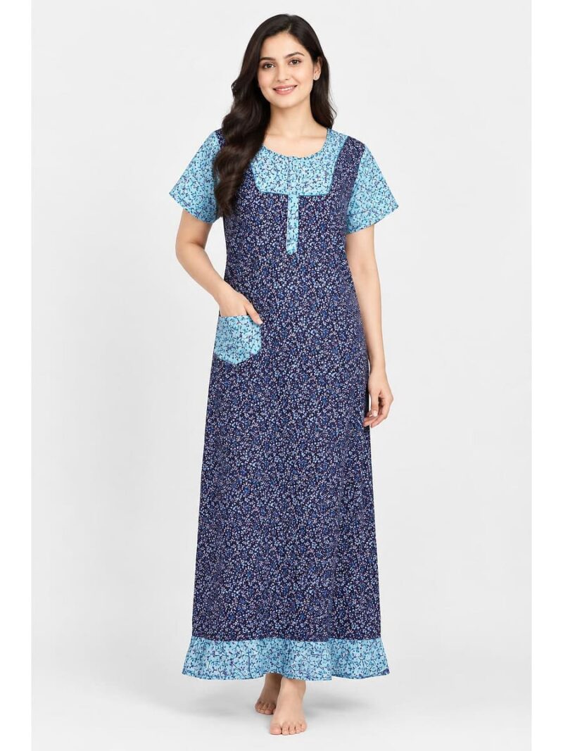 Women's Cotton Full-Length Frock Nighty - Navy Blue