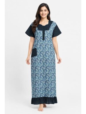 Women's Cotton Full-Length Frock Nighty - Blue